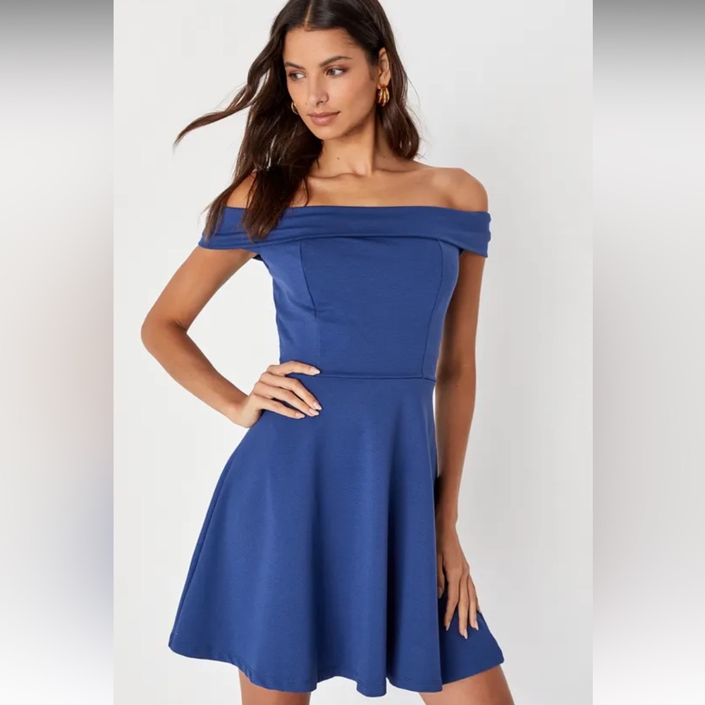 Lulus Elegant Blue Off-Shoulder Dress